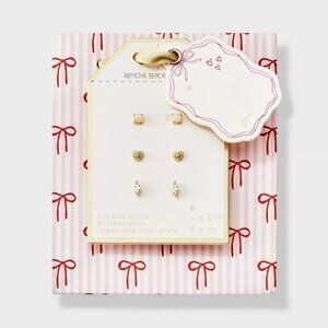 A New Day 3 Pair Stud Earrings Set Opal CZ Heart 14K Gold Dipped Gift Box NWT